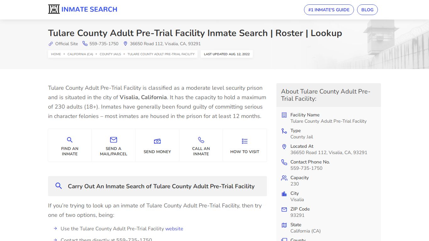 Tulare County Adult Pre-Trial Facility Inmate Search ...
